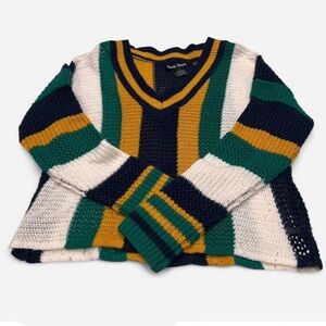 Trendy Threads Green, Navy, yellow and white striped vneck sweater Size Medium.